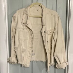 POL Women's Cream Distressed Jean Jacket